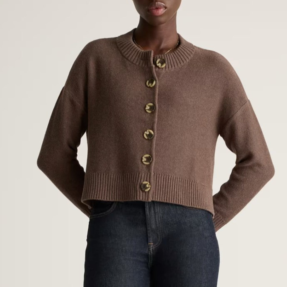 Quince 100% organic Cotton Crop Cardigan Sweater Women M Brown Button Up A010512